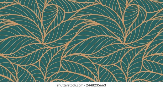 Abstract outlined leaves seamless pattern. Tea or banana leaf line art. Hand drawn outline design for fabric , print, cover, banner and invitation. Luxury minimal style wallpaper with botanical leaves