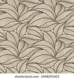Abstract outlined leaves seamless pattern. Tea or banana leaf line art. Hand drawn outline design for fabric , print, cover, banner and invitation. Luxury minimal style wallpaper with botanical leaves