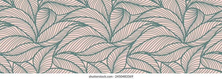 Abstract outlined leaves seamless pattern. Tea or banana leaf line art. Hand drawn outline design for fabric , print, cover, banner and invitation. Luxury minimal style wallpaper with botanical leaves