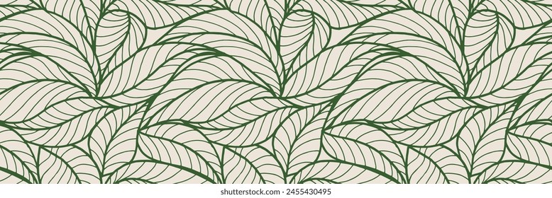 Abstract outlined leaves seamless pattern. Tea or banana leaf line art. Hand drawn outline design for fabric , print, cover, banner and invitation. Luxury minimal style wallpaper with botanical leaves