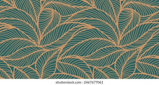 Abstract outlined leaves seamless pattern. Tea or banana leaf line art. Hand drawn outline design for fabric , print, cover, banner and invitation. Luxury minimal style wallpaper with botanical leaves