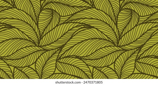 Abstract outlined leaves seamless pattern. Tea or banana leaf line art. Hand drawn outline design for fabric , print, cover, banner and invitation. Luxury minimal style wallpaper with botanical leaves