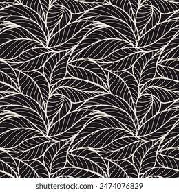 Abstrakte umrissene Blätter nahtloses Muster. Tee- oder Bananenblattlinienkunst. Handgezeichnete Umrissgestaltung für Stoff, Druck, Bezug, Banner und Einladung. Luxuriöser Minimal Style Bildschirmhintergrund mit botanischen Blättern
