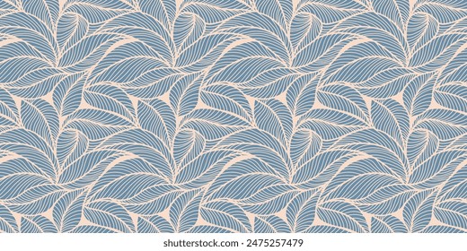 Abstract outlined leaves seamless pattern. Tea or banana leaf line art. Hand drawn outline design for fabric , print, cover, banner and invitation. Luxury minimal style wallpaper with botanical leaves