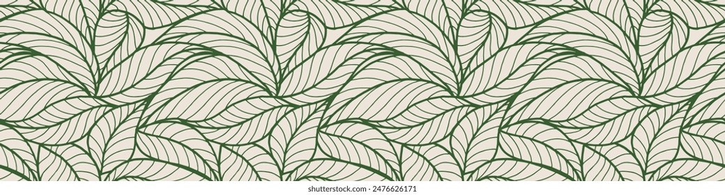 Abstract outlined leaves seamless pattern. Tea or banana leaf line art. Hand drawn outline design for fabric , print, cover, banner and invitation. Luxury minimal style wallpaper with botanical leaves