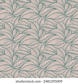 Abstract outlined leaves seamless pattern. Tea or banana leaf line art. Hand drawn outline design for fabric , print, cover, banner and invitation. Luxury minimal style wallpaper with botanical leaves