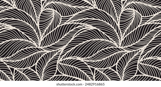 Abstract outlined leaves seamless pattern. Tea or banana leaf line art. Hand drawn outline design for fabric , print, cover, banner and invitation. Luxury minimal style wallpaper with botanical leaves