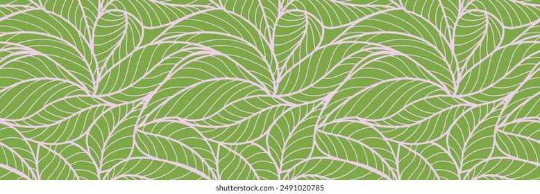 Abstract outlined leaves seamless pattern. Tea or banana leaf line art. Hand drawn outline design for fabric , print, cover, banner and invitation. Luxury minimal style wallpaper with botanical leaves