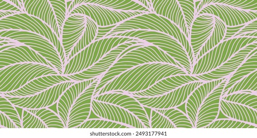 Abstrakte umrissene Blätter nahtloses Muster. Tee- oder Bananenblattlinienkunst. Handgezeichnete Umrissgestaltung für Stoff, Druck, Bezug, Banner und Einladung. Luxuriöser Minimal Style Bildschirmhintergrund mit botanischen Blättern