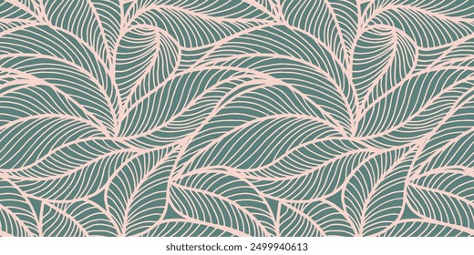 Abstractas delineado deja un patrón sin fisuras. Arte de línea de hoja de té o plátano. Diseño de contorno dibujado a mano para tela, impresión, cubierta, Anuncio e invitación. Fondo de pantalla de lujo de estilo minimalista con hojas botánicas