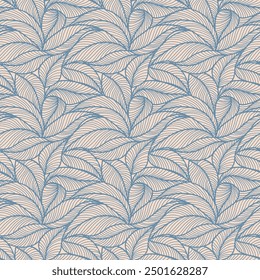 Abstract outlined leaves seamless pattern. Tea or banana leaf line art. Hand drawn outline design for fabric , print, cover, banner and invitation. Luxury minimal style wallpaper with botanical leaves