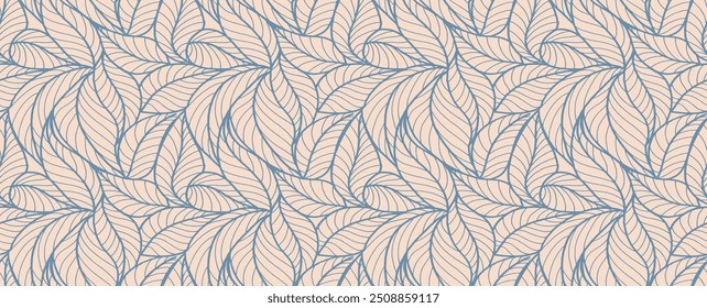 Abstract outlined leaves seamless pattern. Tea or banana leaf line art. Hand drawn outline design for fabric , print, cover, banner and invitation. Luxury minimal style wallpaper with botanical leaves