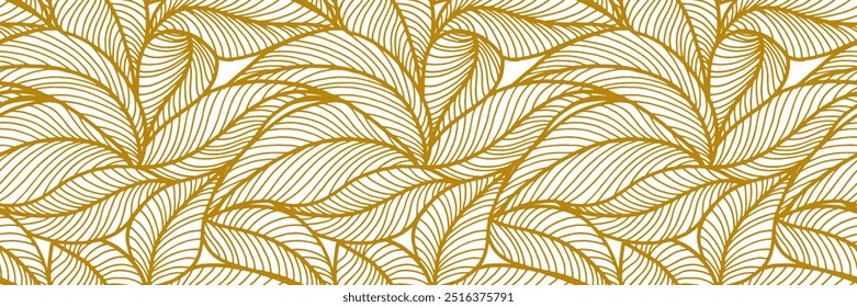 Abstract outlined leaves seamless pattern. Tea or banana leaf line art. Hand drawn outline design for fabric , print, cover, banner and invitation. Luxury minimal style wallpaper with botanical leaves