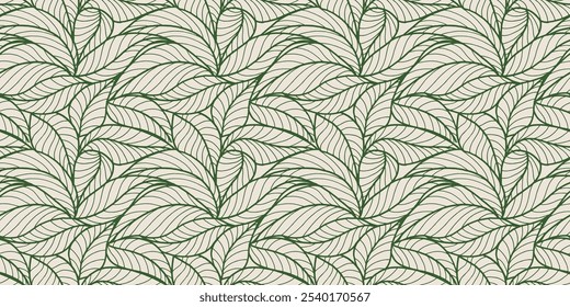 Abstract outlined leaves seamless pattern. Tea or banana leaf line art. Hand drawn outline design for fabric , print, cover, banner and invitation. Luxury minimal style wallpaper with botanical leaves