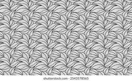 Abstractas delineado deja un patrón sin fisuras. Arte de línea de hoja de té o plátano. Diseño de contorno dibujado a mano para tela, impresión, cubierta, Anuncio e invitación. Fondo de pantalla de lujo de estilo minimalista con hojas botánicas