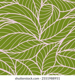 Abstractas delineado deja un patrón sin fisuras. Arte de línea de hoja de té o plátano. Diseño de contorno dibujado a mano para tela, impresión, cubierta, Anuncio e invitación. Fondo de pantalla de lujo de estilo minimalista con hojas botánicas