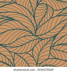 Abstract outlined leaves seamless pattern. Tea or banana leaf line art. Hand drawn outline design for fabric , print, cover, banner and invitation. Luxury minimal style wallpaper with botanical leaves