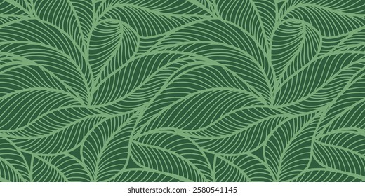 Abstract outlined leaves seamless pattern. Tea or banana leaf line art. Hand drawn outline design for fabric , print, cover, banner and invitation. Luxury minimal style wallpaper with botanical leaves