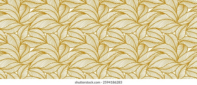 Abstract outlined leaves seamless pattern. Tea or banana leaf line art. Hand drawn outline design for fabric , print, cover, banner and invitation. Luxury minimal style wallpaper with botanical leaves