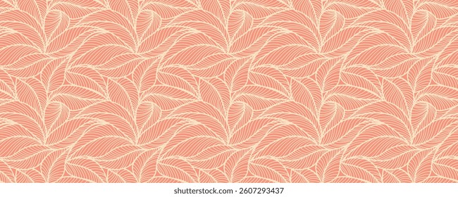 Abstract outlined leaves seamless pattern. Tea or banana leaf line art. Hand drawn outline design for fabric , print, cover, banner and invitation. Luxury minimal style wallpaper with botanical leaves