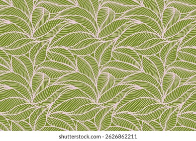 Abstractas delineado deja un patrón sin fisuras. Arte de línea de hoja de té o plátano. Diseño de contorno dibujado a mano para tela, impresión, cubierta, Anuncio e invitación. Fondo de pantalla de lujo de estilo minimalista con hojas botánicas