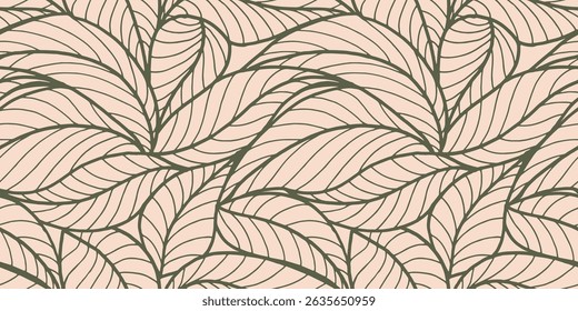 Abstract outlined leaves seamless pattern. Tea or banana leaf line art. Hand drawn outline design for fabric , print, cover, banner and invitation. Luxury minimal style wallpaper with botanical leaves