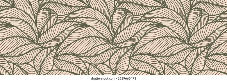 Abstract outlined leaves seamless pattern. Tea or banana leaf line art. Hand drawn outline design for fabric , print, cover, banner and invitation. Luxury minimal style wallpaper with botanical leaves