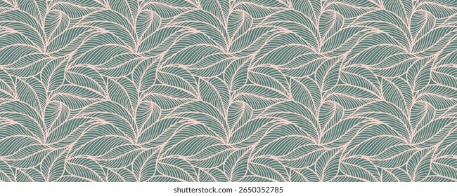 Abstract outlined leaves seamless pattern. Tea or banana leaf line art. Hand drawn outline design for fabric , print, cover, banner and invitation. Luxury minimal style wallpaper with botanical leaves