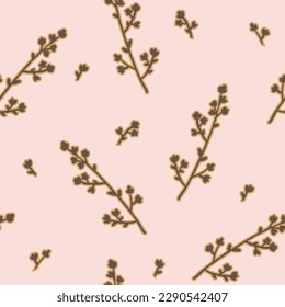 Abstract outlined twigs, floral blooms, branches seamless pattern. Cute organic flower blossoms, leaves background. Hand drawn botanical illustration for wallpaper, textile, fabric, spring design