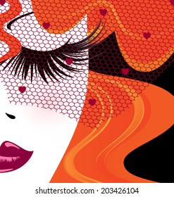 abstract outlines woman's face and red veil