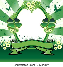 Abstract oval frame surrounded by green clovers, flowers, green butterflies and a green banner. Saint Patrick's Day theme