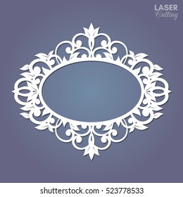 Marco oval abstracto con remolinos, adorno vectorial, diseño vintage. Puede utilizarse para el corte por láser. Fotograma con encaje para cortar papel.