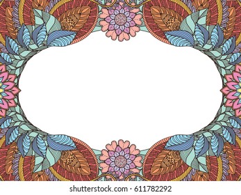 An abstract oval hand drawn floral frame