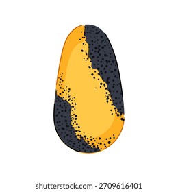 Abstract oval nail displaying a textured design mixing vibrant yellow and charcoal grey with black speckles, creating a unique and stylish artwork for manicure concepts