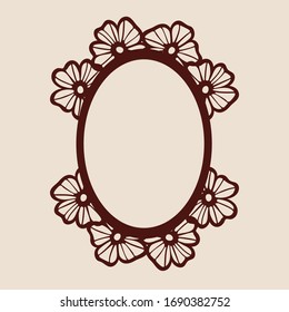 Abstract oval photo frame with flowers. Pattern is suitable for greeting cards, wedding invitations, menus, design interiors. Vector template can be used for cutting laser, plotter or printing