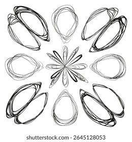 Abstract oval shapes. Scattered rings composition. Dynamic circular elements. Vector line art.