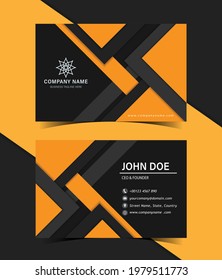 Abstract overlapping black and orange color geometric shapes style business card template design.