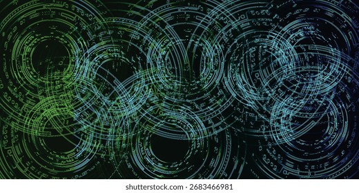 Círculos abstratos sobrepostos com padrões de placa de circuito em um fundo escuro.