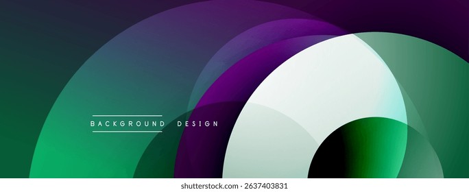 Abstract overlapping circles create dynamic gradient background. Modern design uses vibrant green, purple, white hues. Minimalist aesthetic.