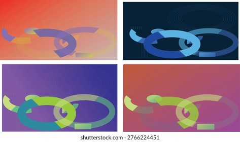Abstract overlapping circular arrows in four colorful gradient panels, representing continuous cycles, interconnected processes, and dynamic flow.