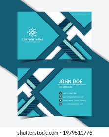 Abstract overlapping cyan color geometric shapes style business card template design.