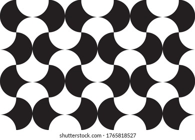 Abstract overlapping geometric black and white swirling circle shapes repeating pattern, geometric vector illustration