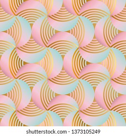 Abstract overlapping shapes seamless pattern. Concentric golden gradient rings, circles. Blending pink and blue texture. Mosaic geometric blur forms background. Minimalistic wallpaper, backdrop design