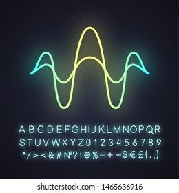 Abstract overlapping waves neon light icon. Sound, audio, music rhythm wavy lines. Vibration, noise amplitude level. Glowing sign with alphabet, numbers and symbols. Vector isolated illustration