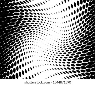 Abstract overlay texture. Pattern on halftone black backdrop. Abstract digital wave. Dotted wavy line. Vector wallpaper. Trendy cover design. Sound wave vector halftone background.
