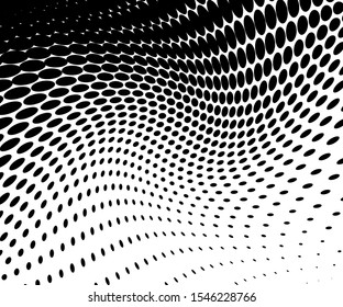 Abstract overlay texture. Pattern on halftone black backdrop. Abstract digital wave. Dotted wavy line. Vector wallpaper. Trendy cover design. Sound wave vector halftone background.