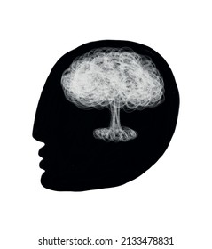 Abstract Overthinking Man Vector Illustration. Simple Vector Graphic with Black Human Head with White Sketched Scribbles of Atomic Mushroom Shape on a White Background. War of Fear.