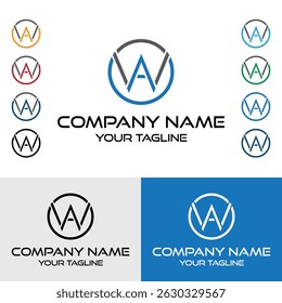 Abstract OWA, OAW, AOW, WOA, WAO. AWO letters, geometric typography,  rounded circle-shaped vector logo design. Versatile WA, AW logo designs in various color combinations.