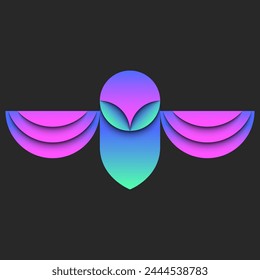 Abstract owl bird logo, paper cut design. Artificial bird with wings spread front view minimal geometric shape, concept knowledge symbol with overlapping areas, layers, bright gradient, and shadows.