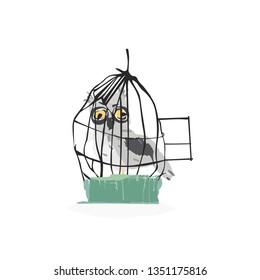 Abstract owl character. Vector bird in a cage flat illustration. Theme for children education. 